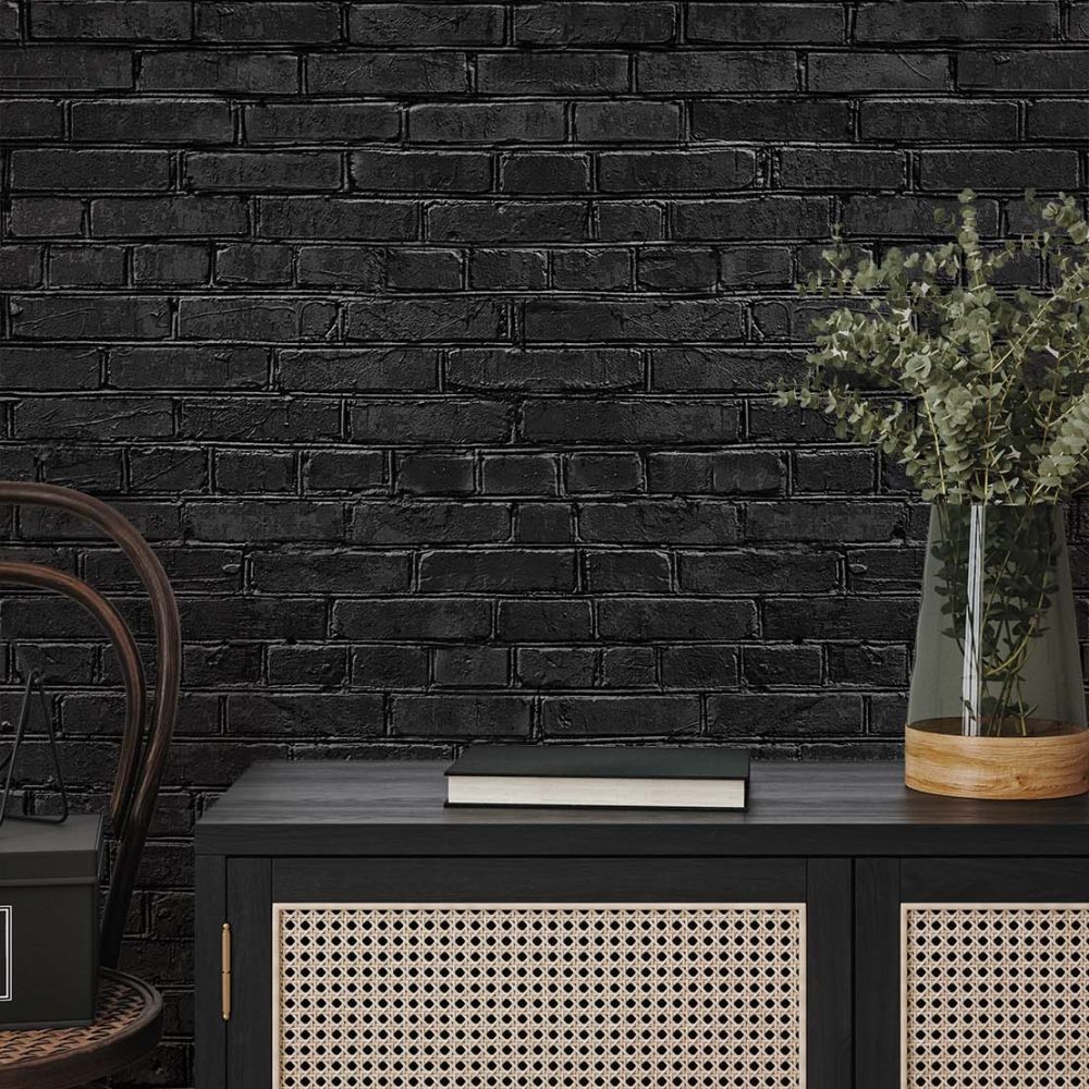 Alternative view of Zwart Industrieel Baksteen Behang