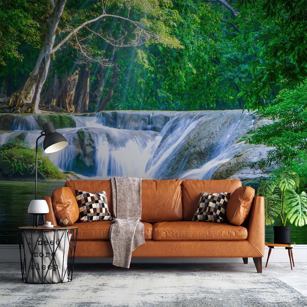 Alternative view of Groen Bos Waterval Natuur Behang