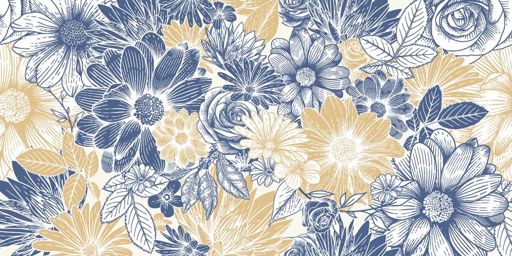 Koninklijke Bloemen Behang in Blauw-Goud