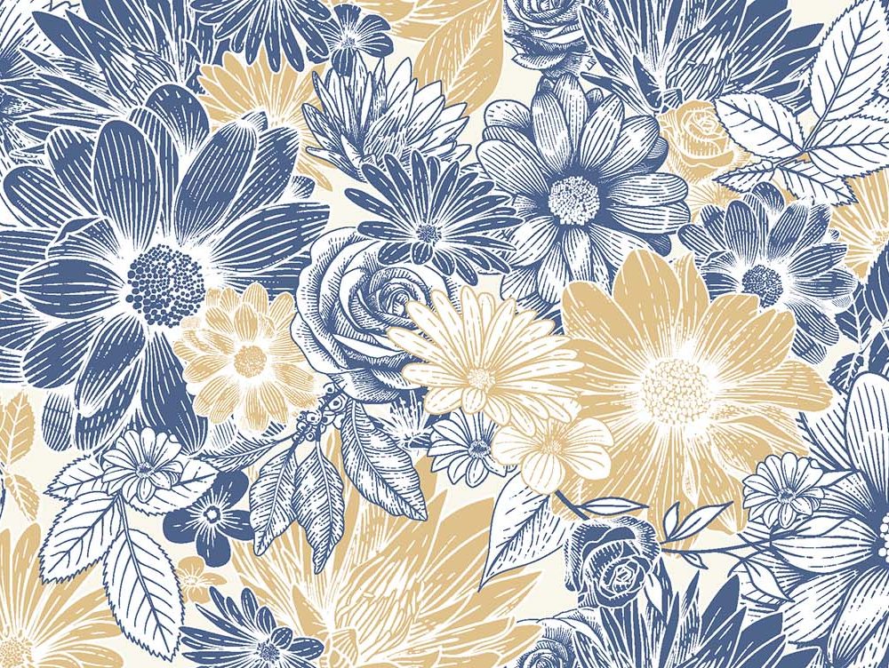 Koninklijke Bloemen Behang in Blauw-Goud