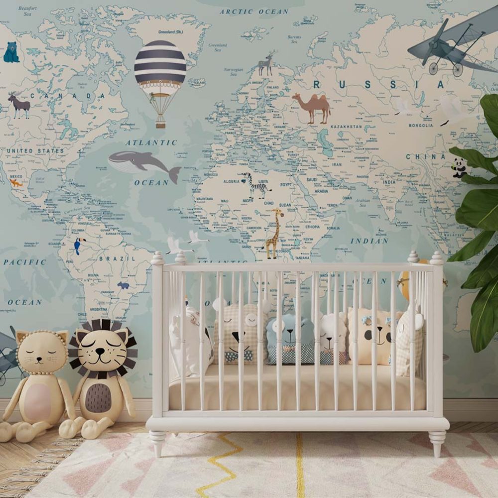 Alternative view of Avontuurlijke Wereldkaart Kinderkamer Behang