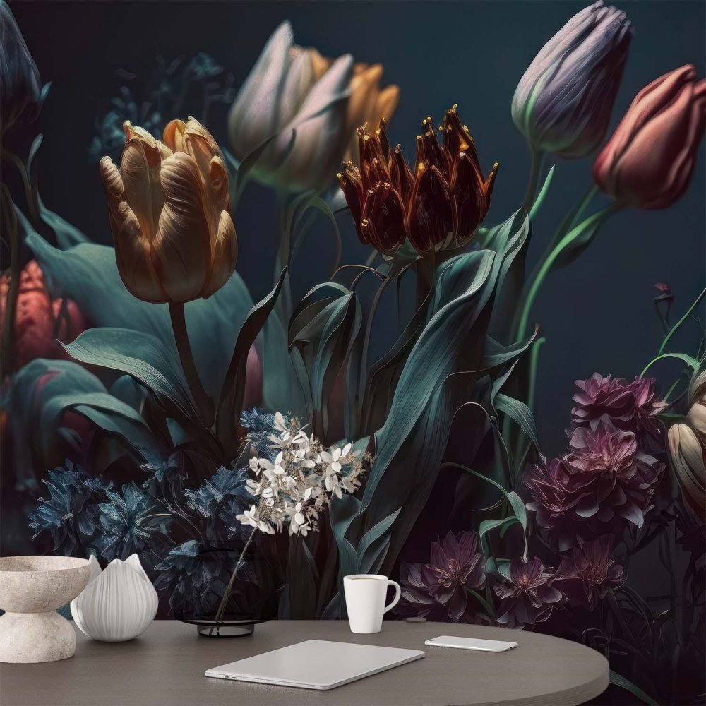 Alternative view of Betoverend Bloemen Behang Donkere Achtergrond