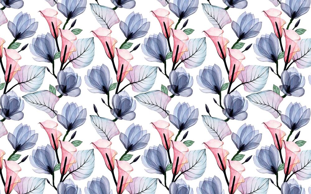 Witte Aquarel Bloemen Behang Roze/Blauw