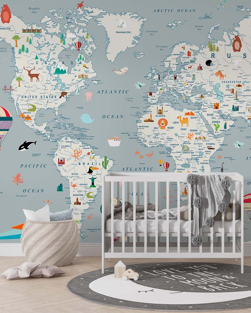 Alternative view of Avontuurlijke Wereldkaart Kinderkamerbehang