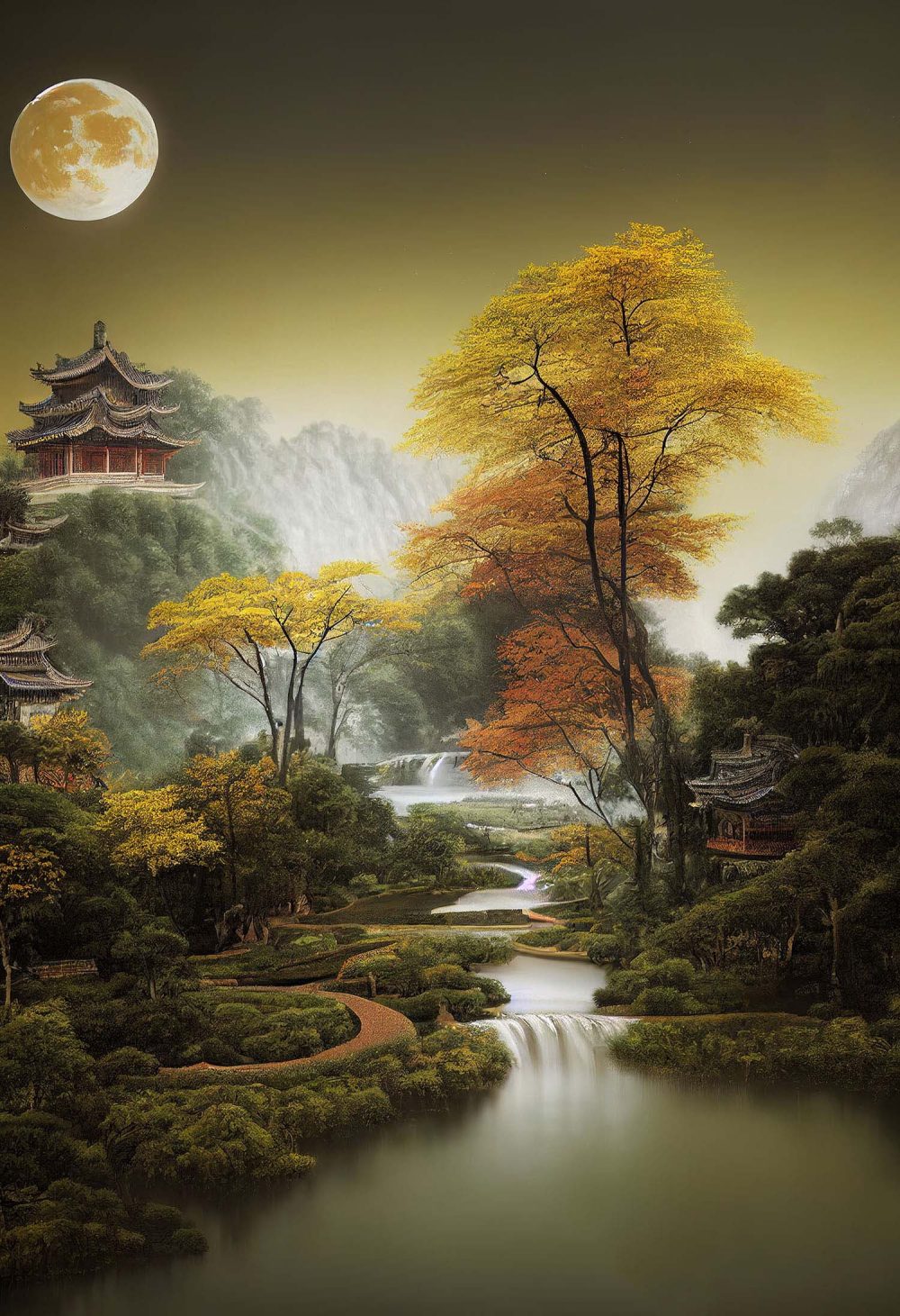 Aziatische Landschap Natuur Behang – Maanlicht