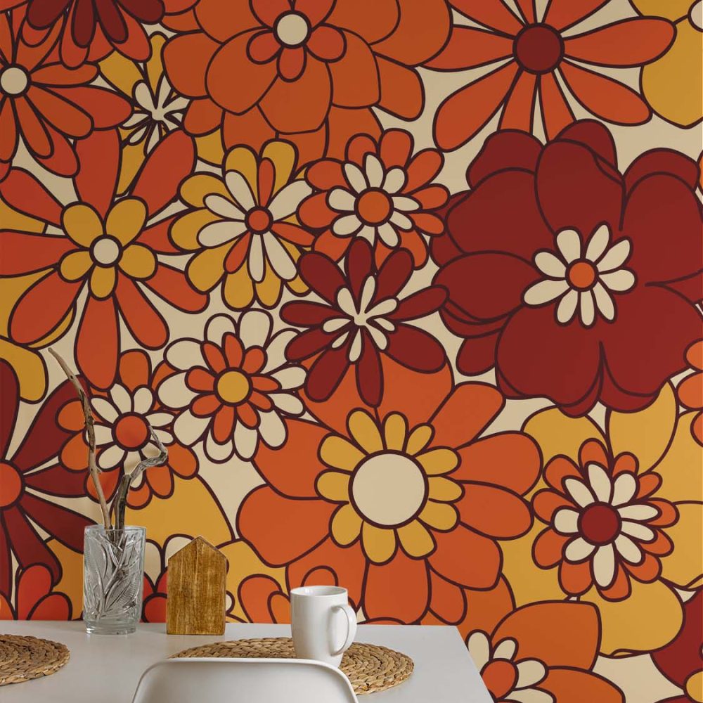 Alternative view of Retro Bloemenpracht Oranje-Bruin Behang