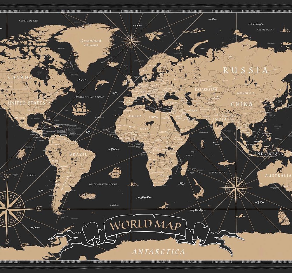 Verfijnd Wereldkaart Behang Zwart-Goud