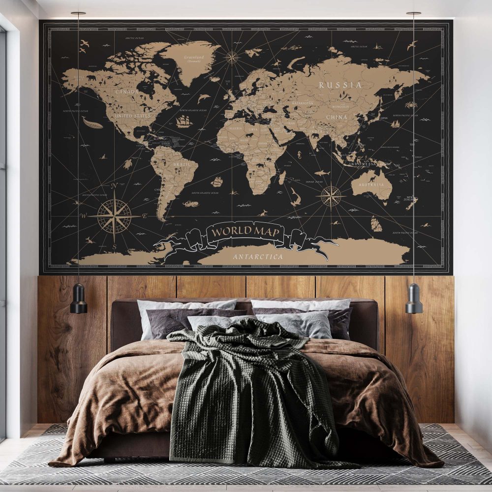 Alternative view of Verfijnd Wereldkaart Behang Zwart-Goud