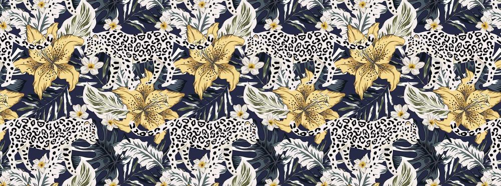 Nachtblauw Luipaard Flora Behang