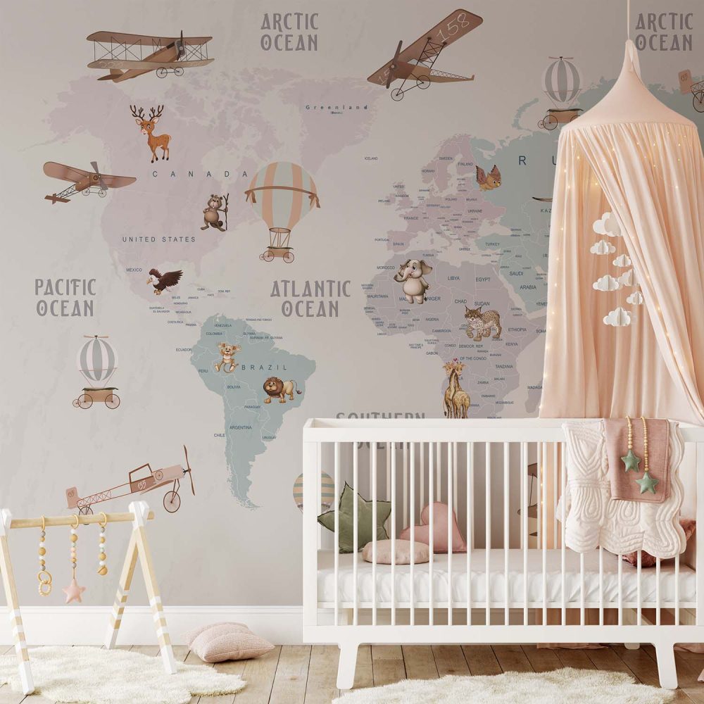 Alternative view of Avontuurlijke Wereldkaart Kinderkamer Behang