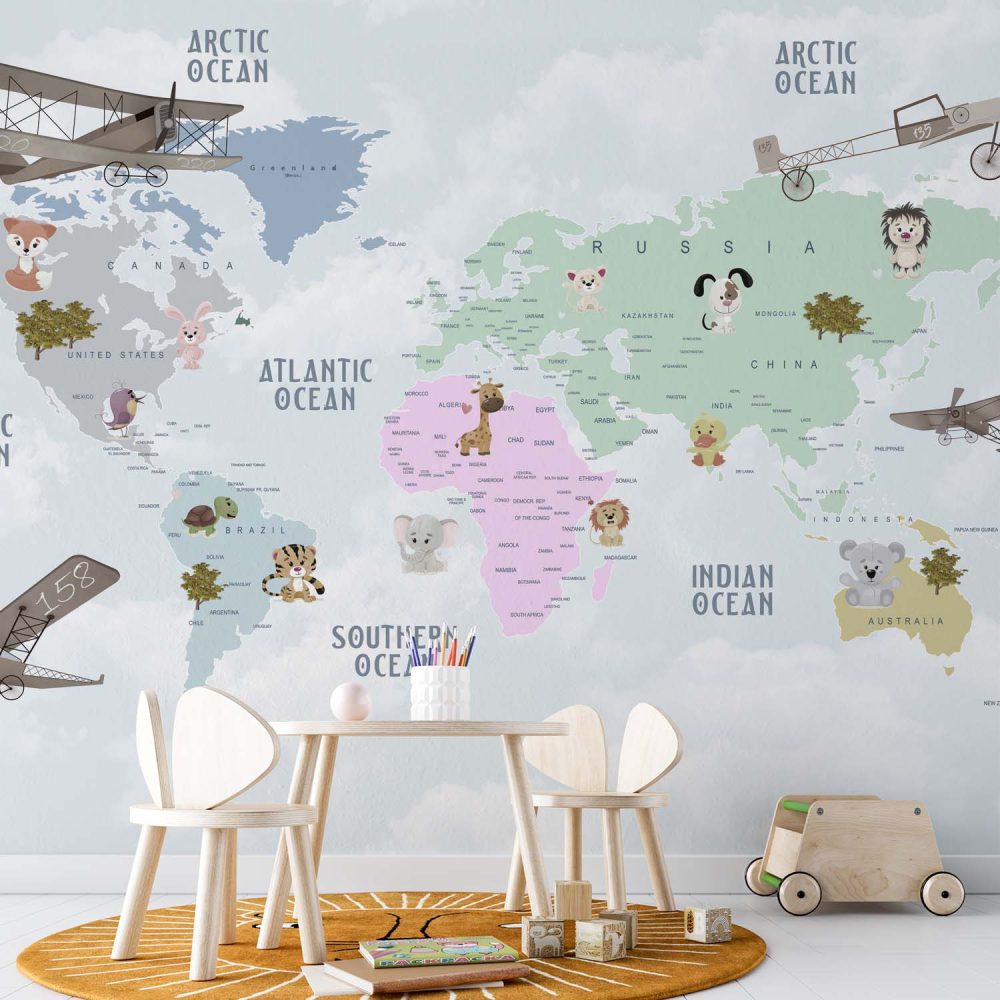 Alternative view of Avontuurlijke Wereldkaart Kinderkamer Behang