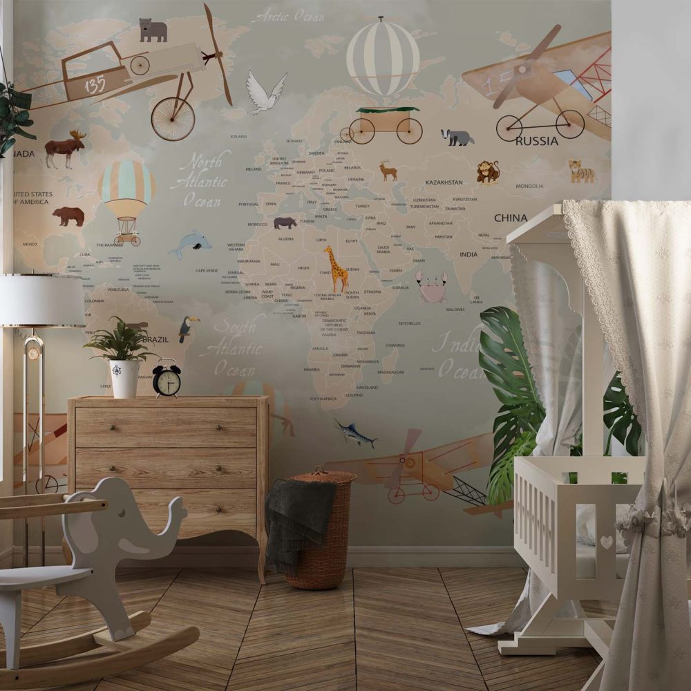 Alternative view of Avontuurlijke Wereldkaart Kinderkamer Behang