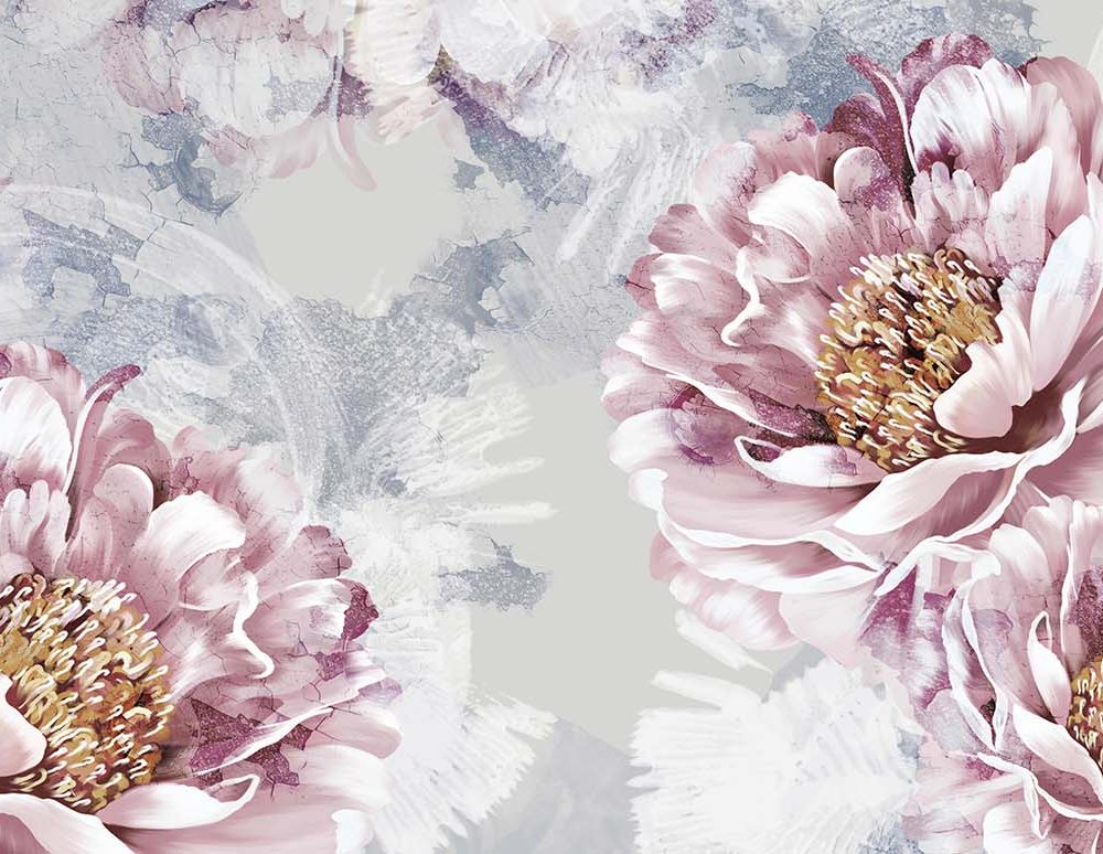Roze Bloemen Behang met Grijze Achtergrond