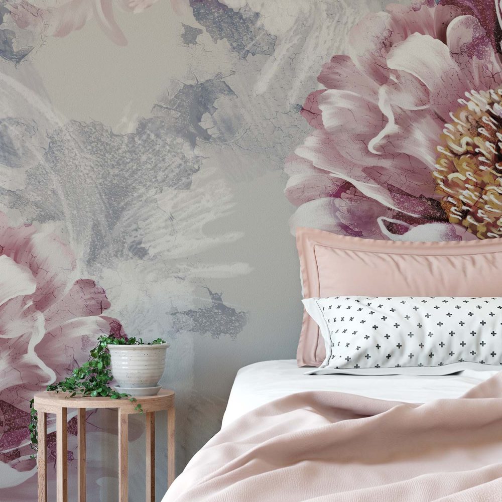 Alternative view of Roze Bloemen Behang met Grijze Achtergrond