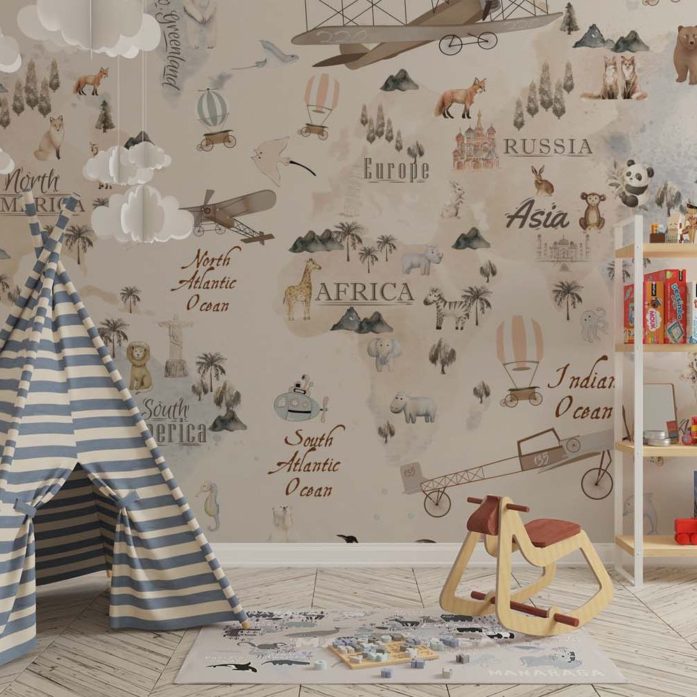 Alternative view of Avontuurlijke Wereldkaart Kinderkamer Behang