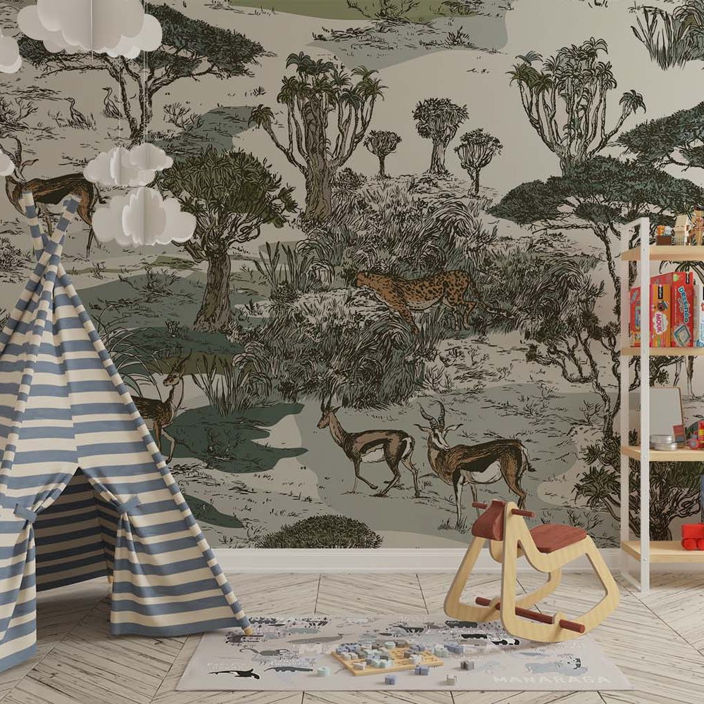 Alternative view of Avontuurlijk Dierenrijk Kinderkamer Behang