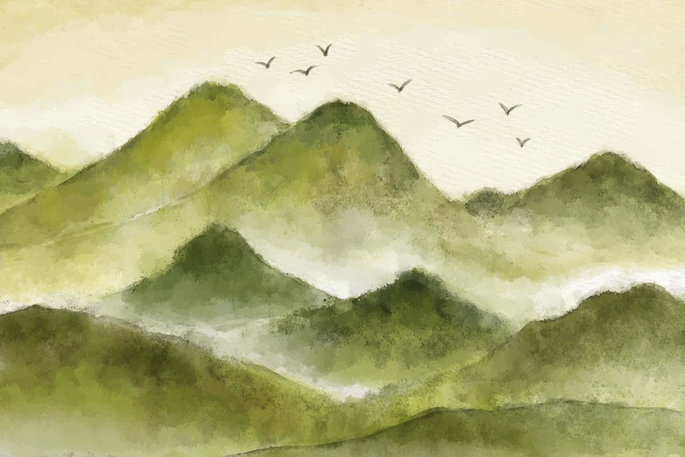 Waterverf Behang Berglandschap