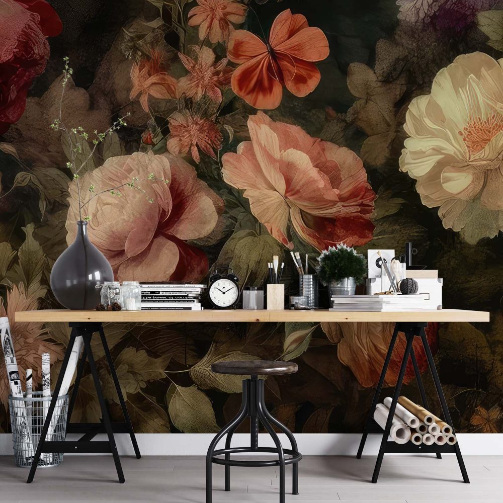 Alternative view of Betoverend Bloemen Behang in Blauw-Oranje