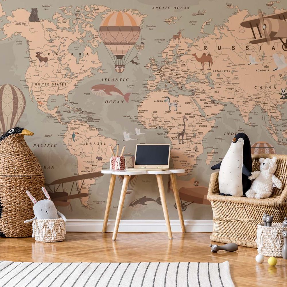 Alternative view of Avontuurlijke Wereldkaart Kinderkamer Behang