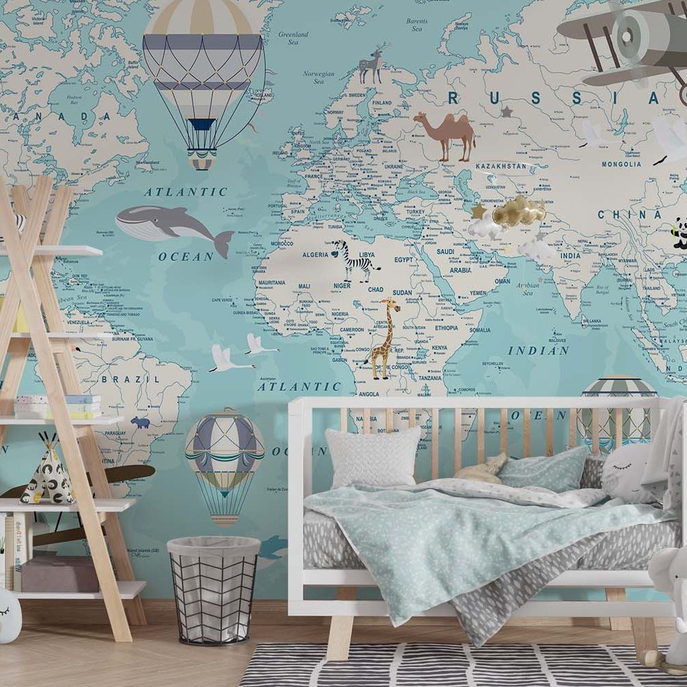 Alternative view of Avontuurlijke Wereldkaart Kinderkamer Behang