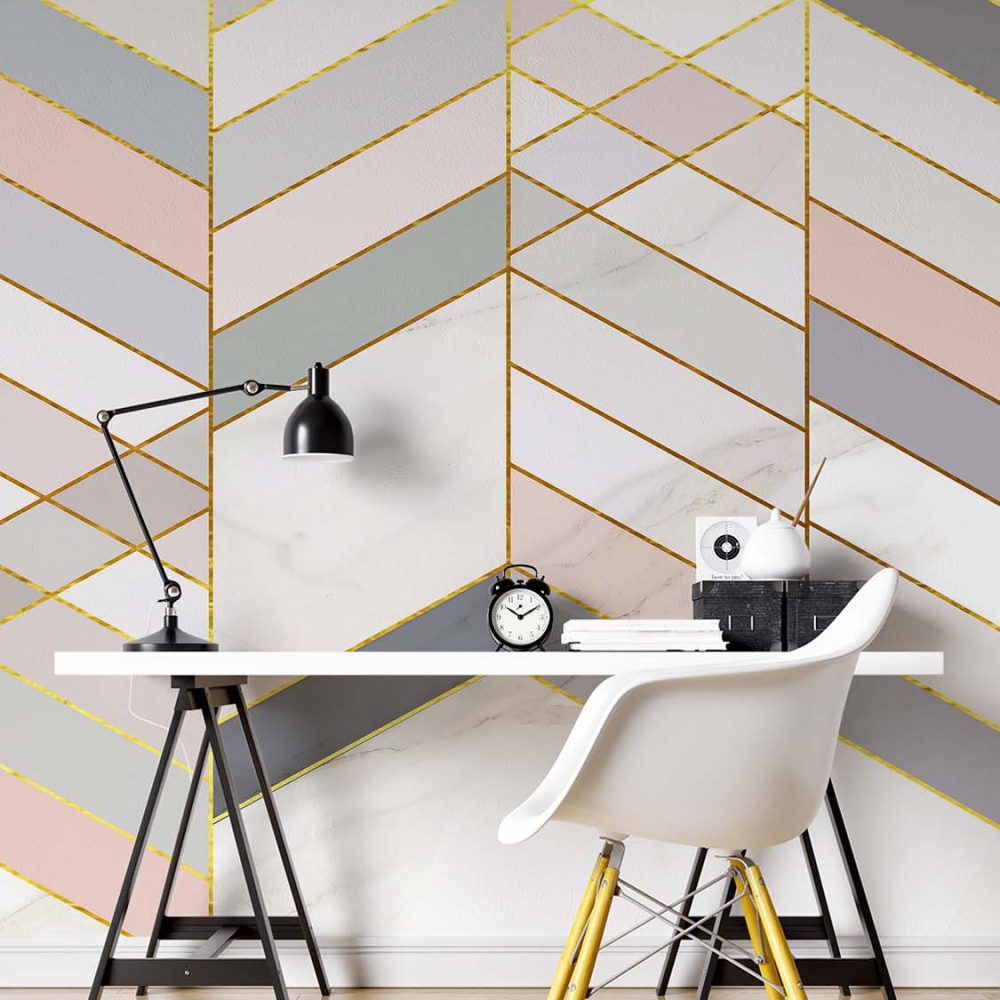 Alternative view of Roze Chevron Marmer Behang.