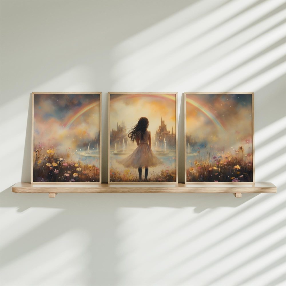 Dromerig Meisje met Regenboog in Pastelkleuren