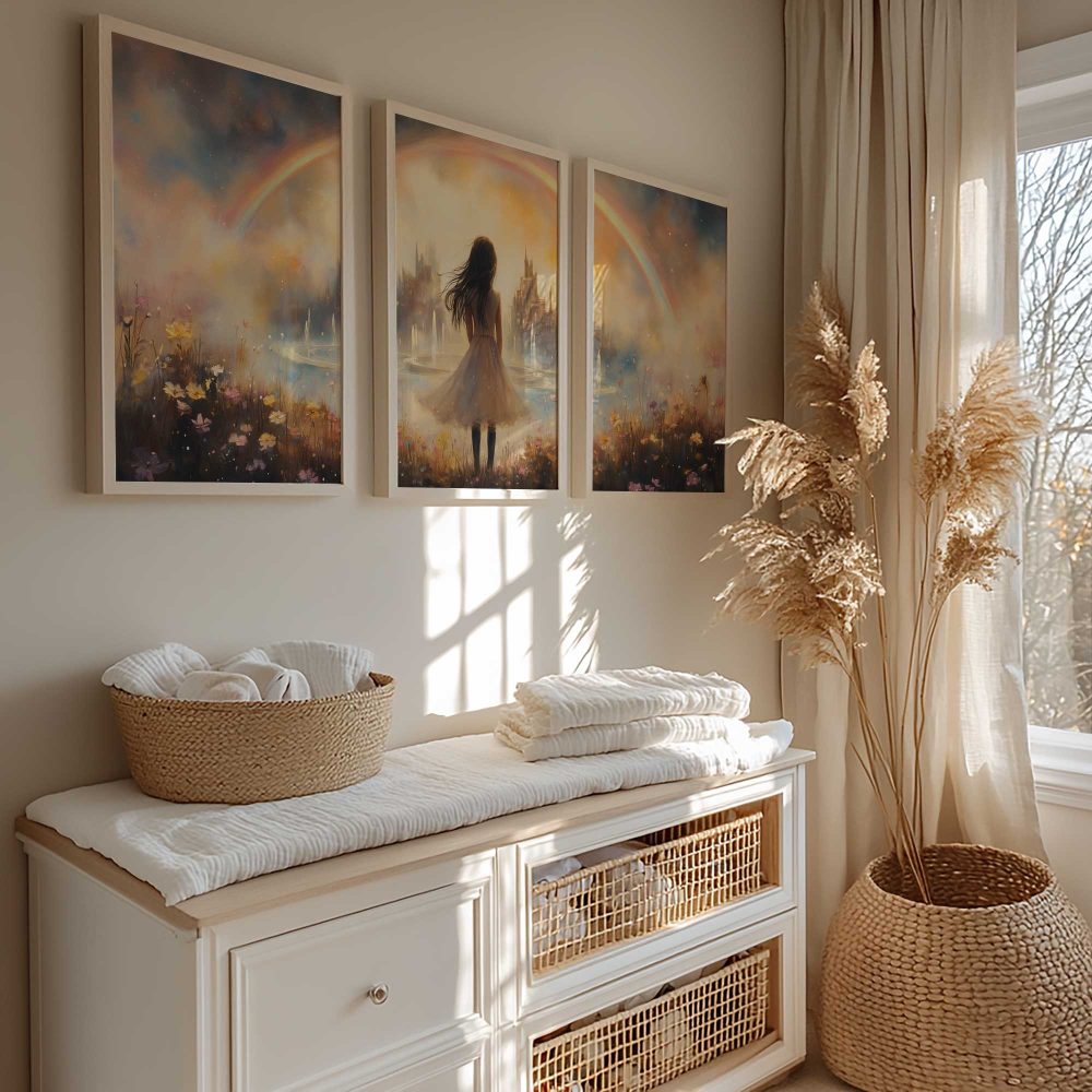 Alternative view of Dromerig Meisje met Regenboog in Pastelkleuren