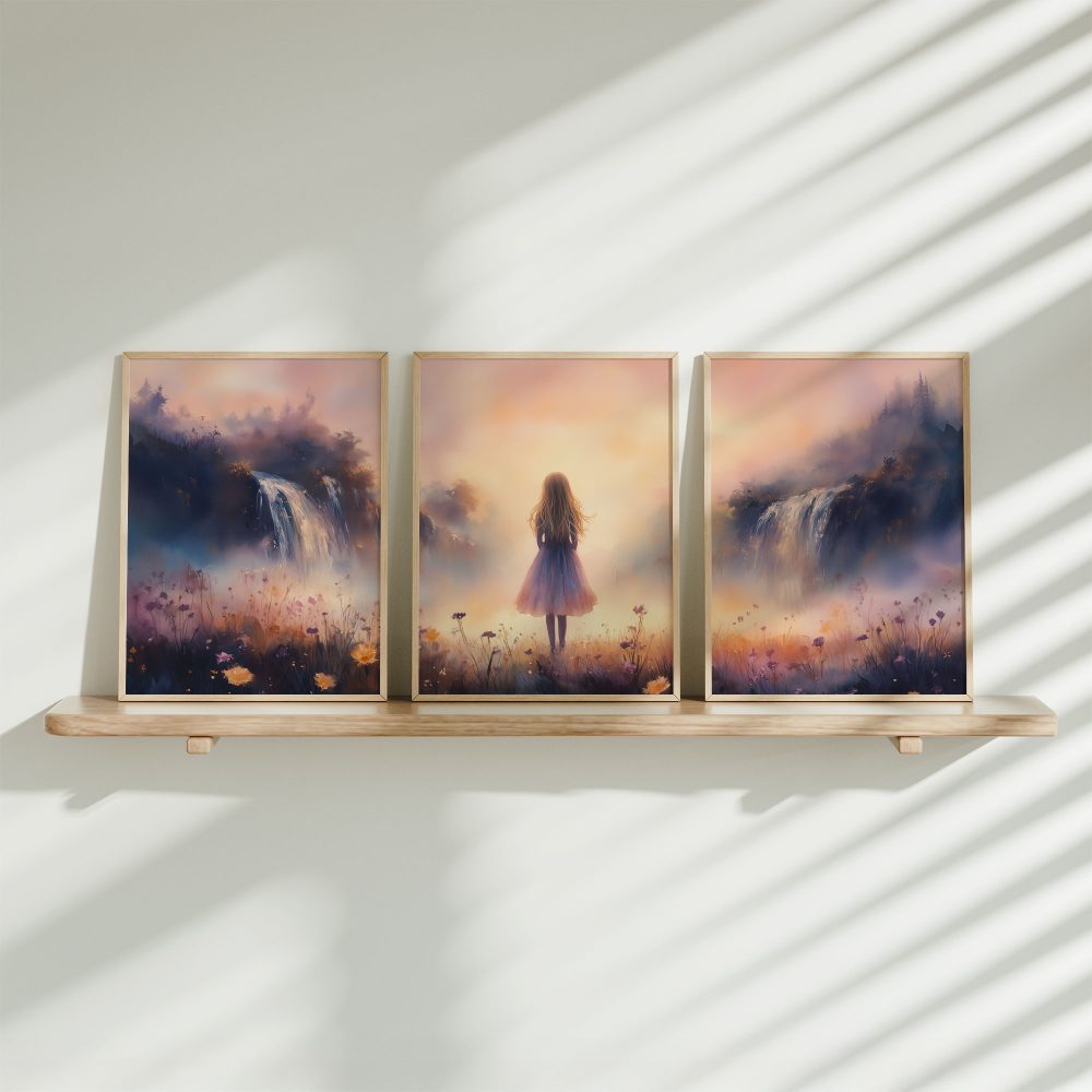 Dromerig bloemenveld met watervallen en vrouw