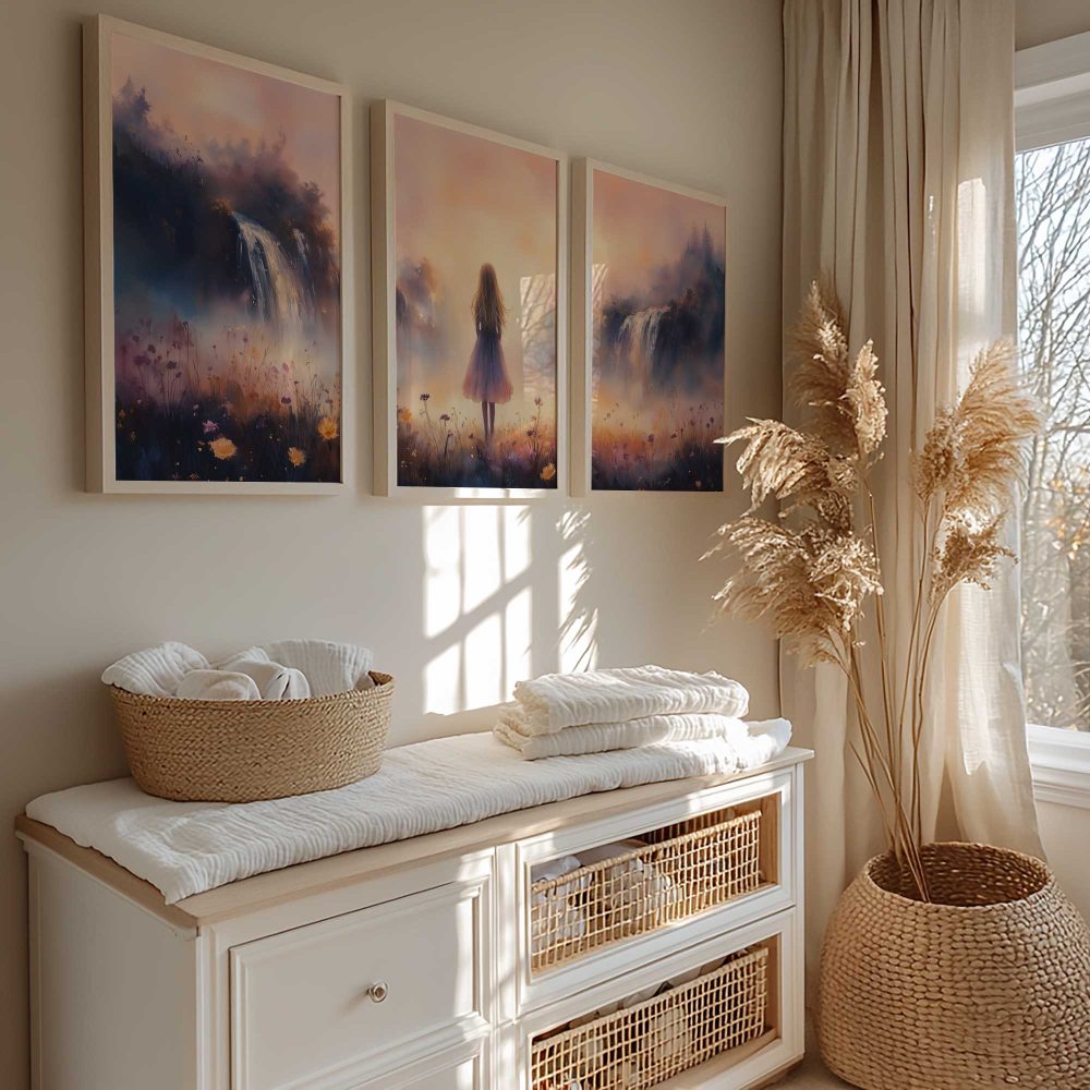 Alternative view of Dromerig bloemenveld met watervallen en vrouw