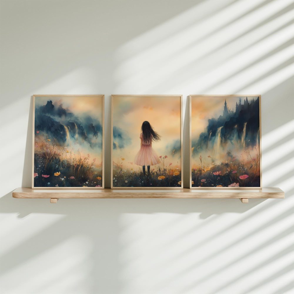 Betoverend bloemenveld met kasteel en roze jurk