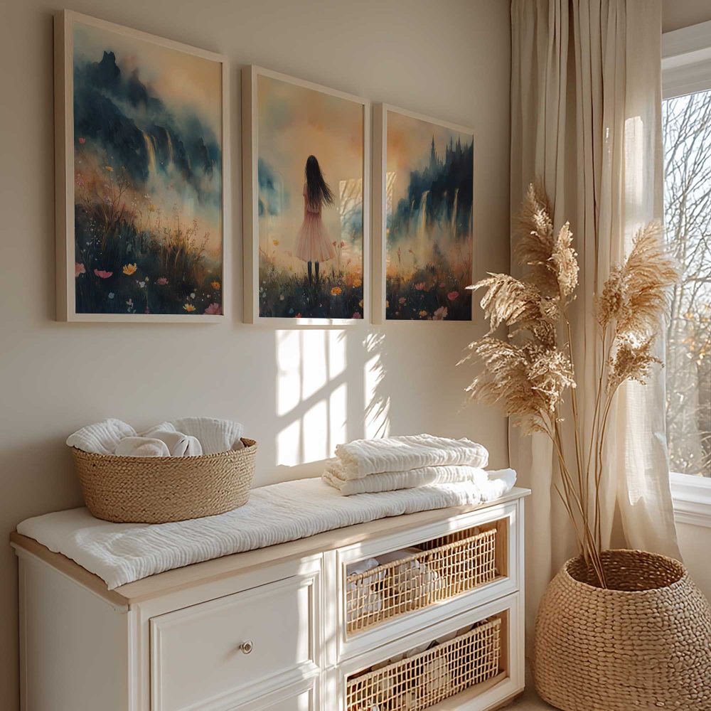 Alternative view of Betoverend bloemenveld met kasteel en roze jurk