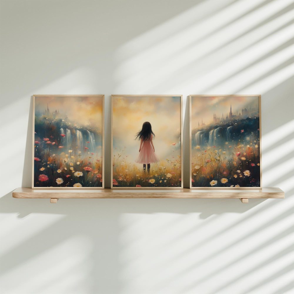 Betoverend bloemenveld met kasteel en roze jurk