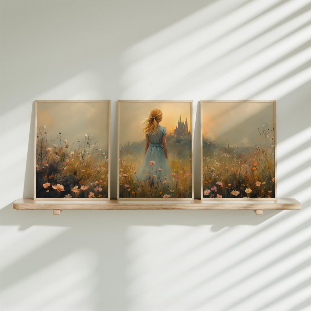 Betoverend Bloemenveld met Kasteel en Blauwe Jurk