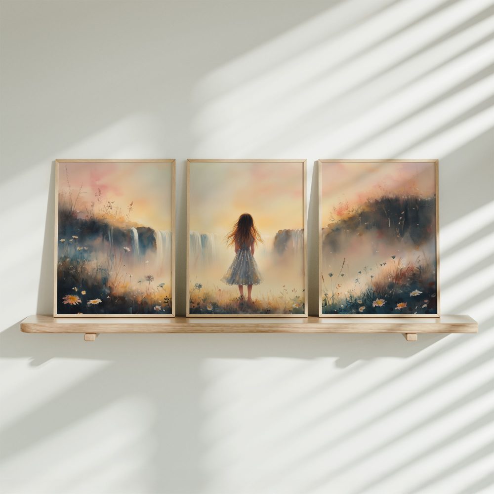 Dromerig Meisje bij Waterval – Pastel Sprookje