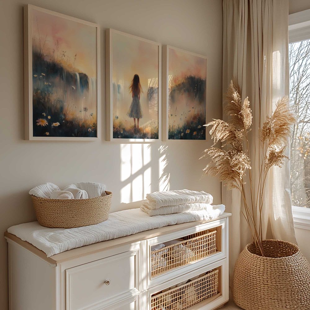 Alternative view of Dromerig Meisje bij Waterval – Pastel Sprookje