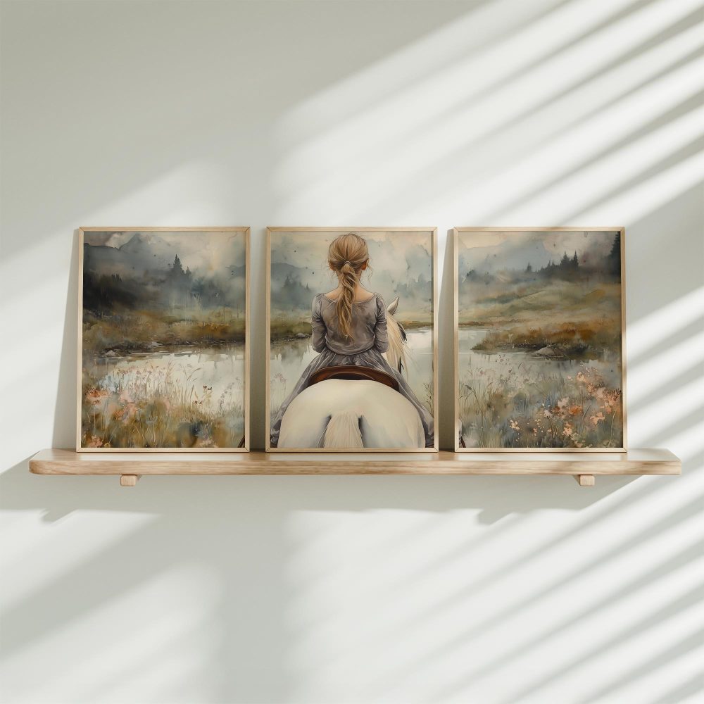 Speels Meisje op Wit Paard bij Rivier