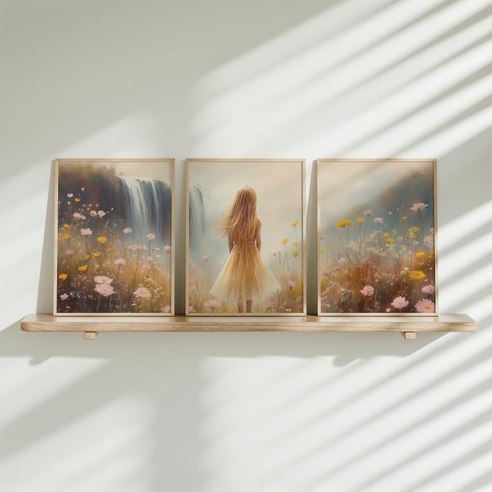 Geel jurkje bij de waterval – Dromerig bloemenveld