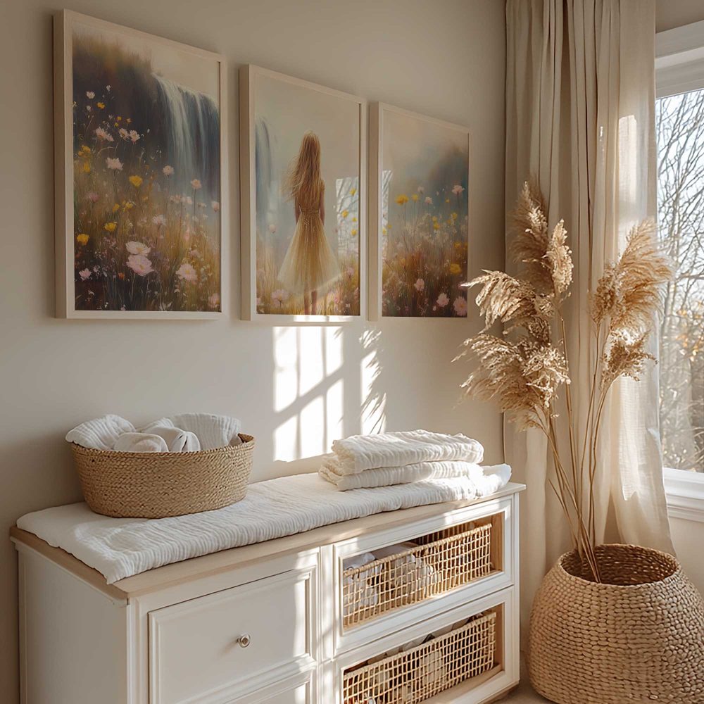 Alternative view of Geel jurkje bij de waterval – Dromerig bloemenveld