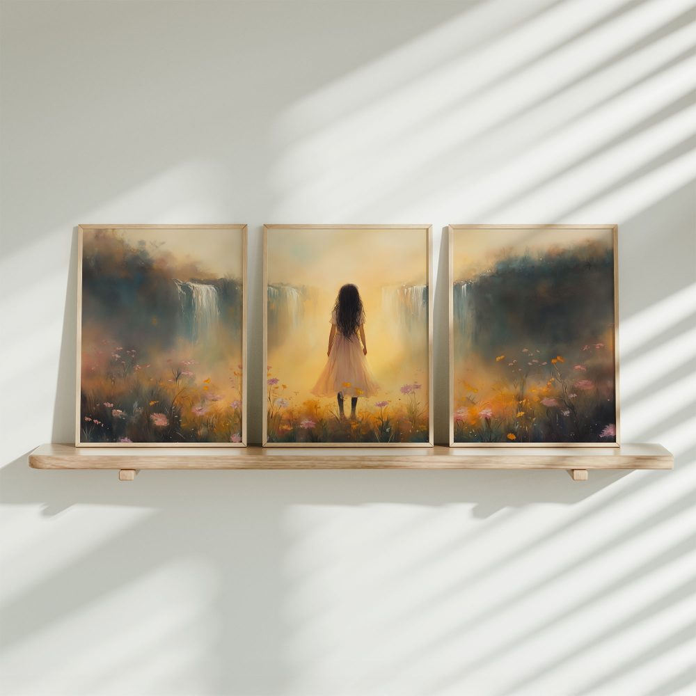 Betoverend bloemenveld met waterval en dromerige vrouw