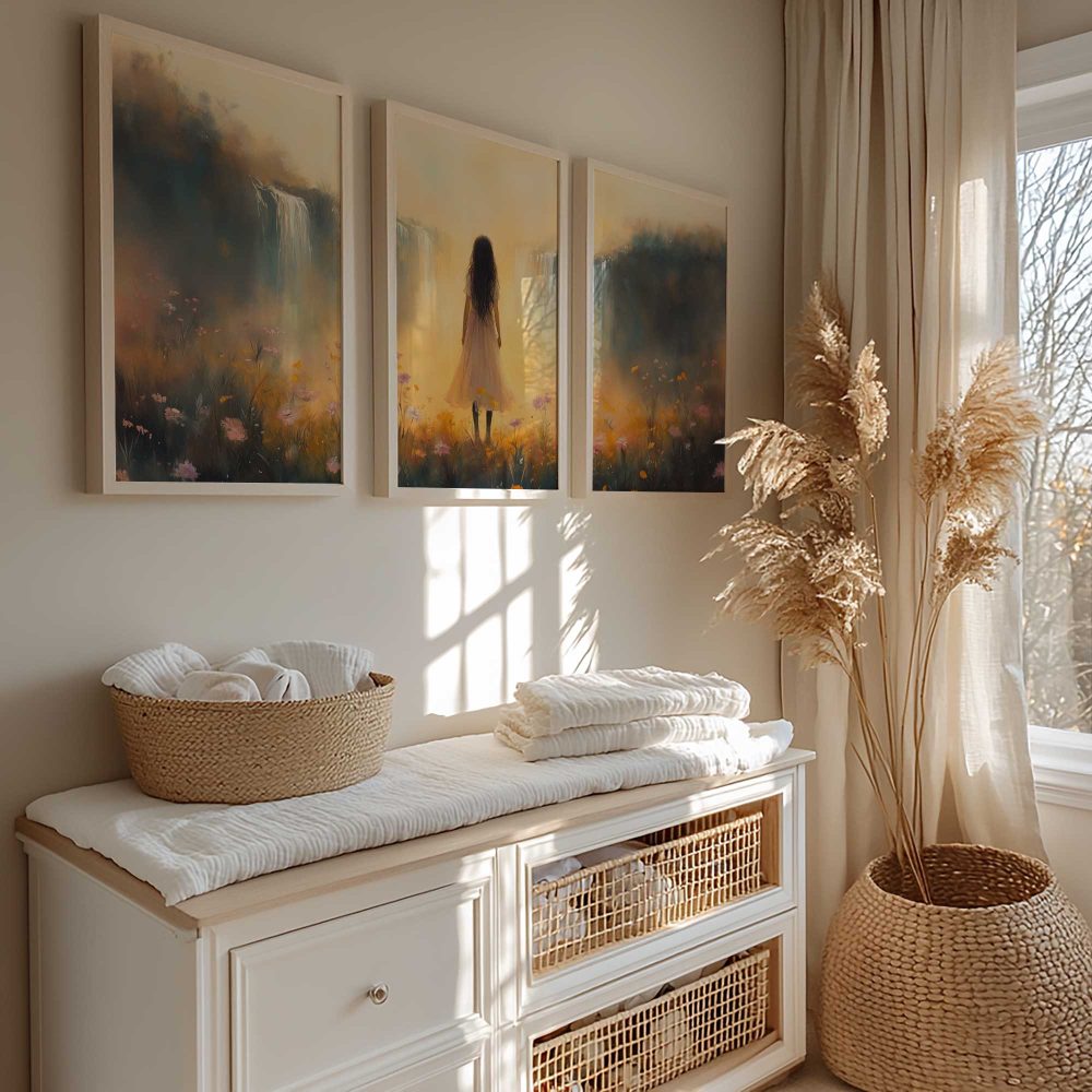 Alternative view of Betoverend bloemenveld met waterval en dromerige vrouw