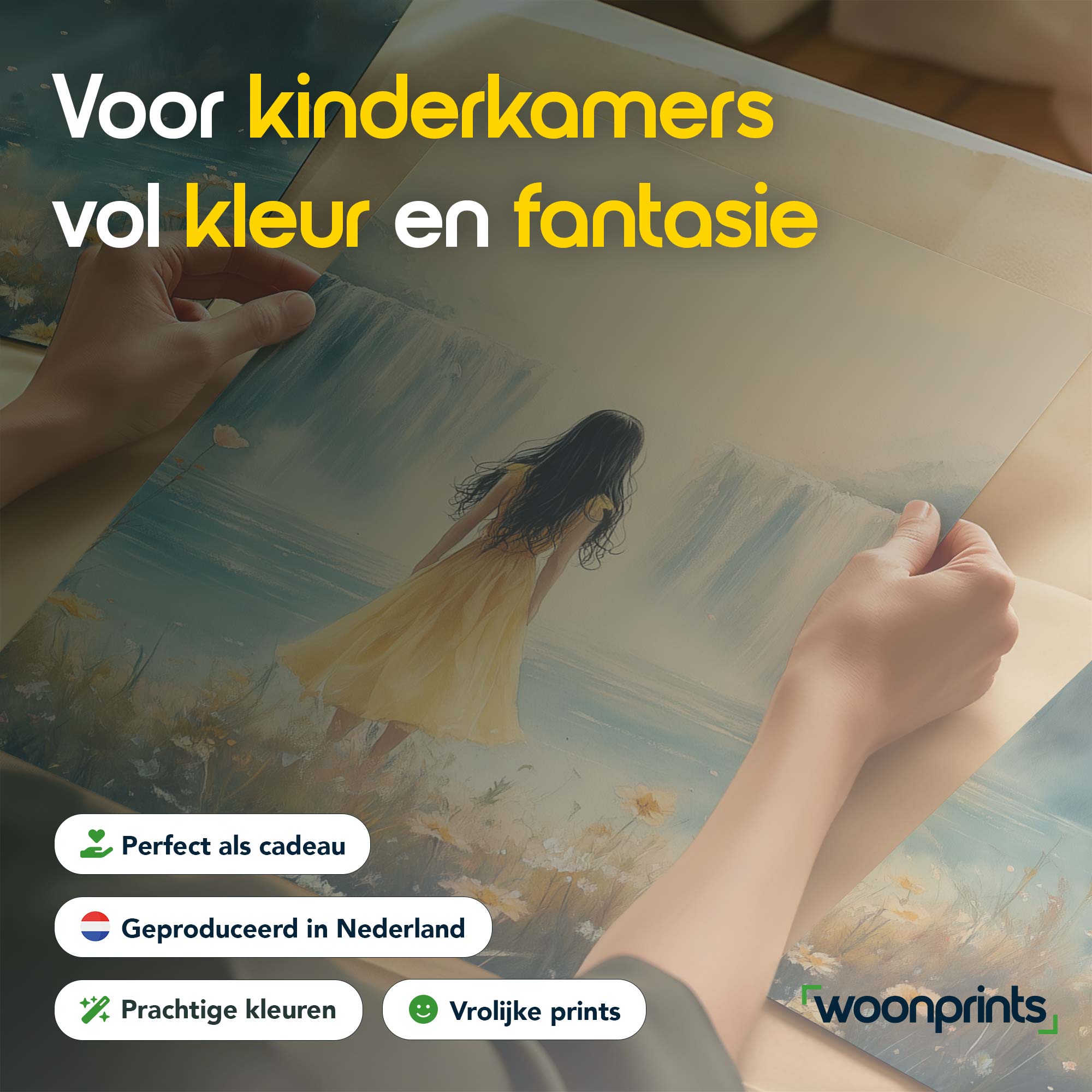 Zacht Geel: Dromerig Landschap met Vrouw en Waterval - Afbeelding 4