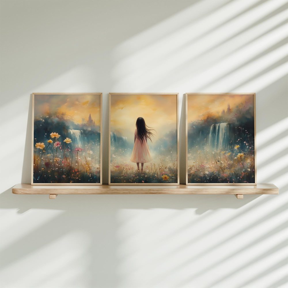 Feeërieke Dame in Bloemenveld met Kasteel