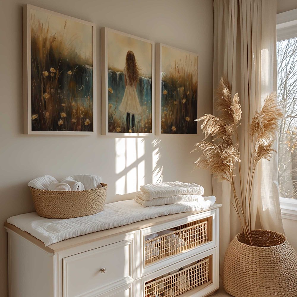 Alternative view of Betoverend Meisje bij Waterval en Bloemenveld