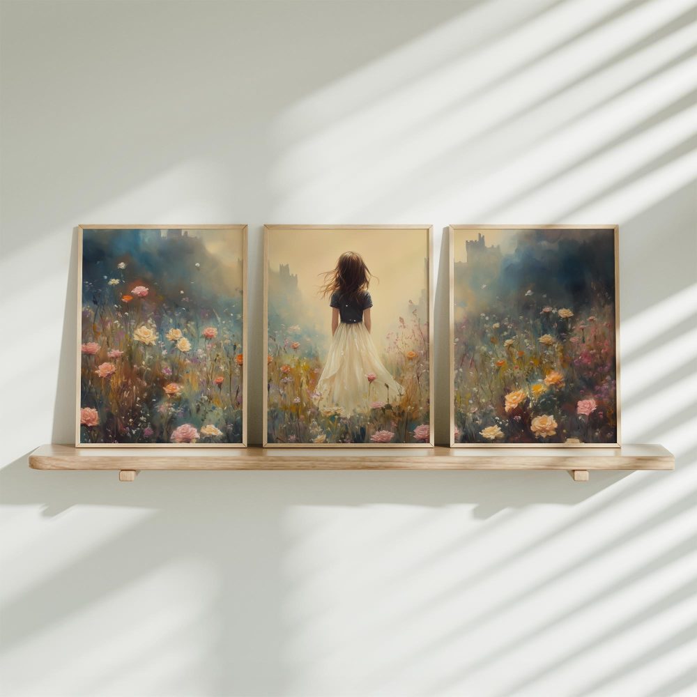 Feeërieke Dame in Bloemenveld met Kasteel