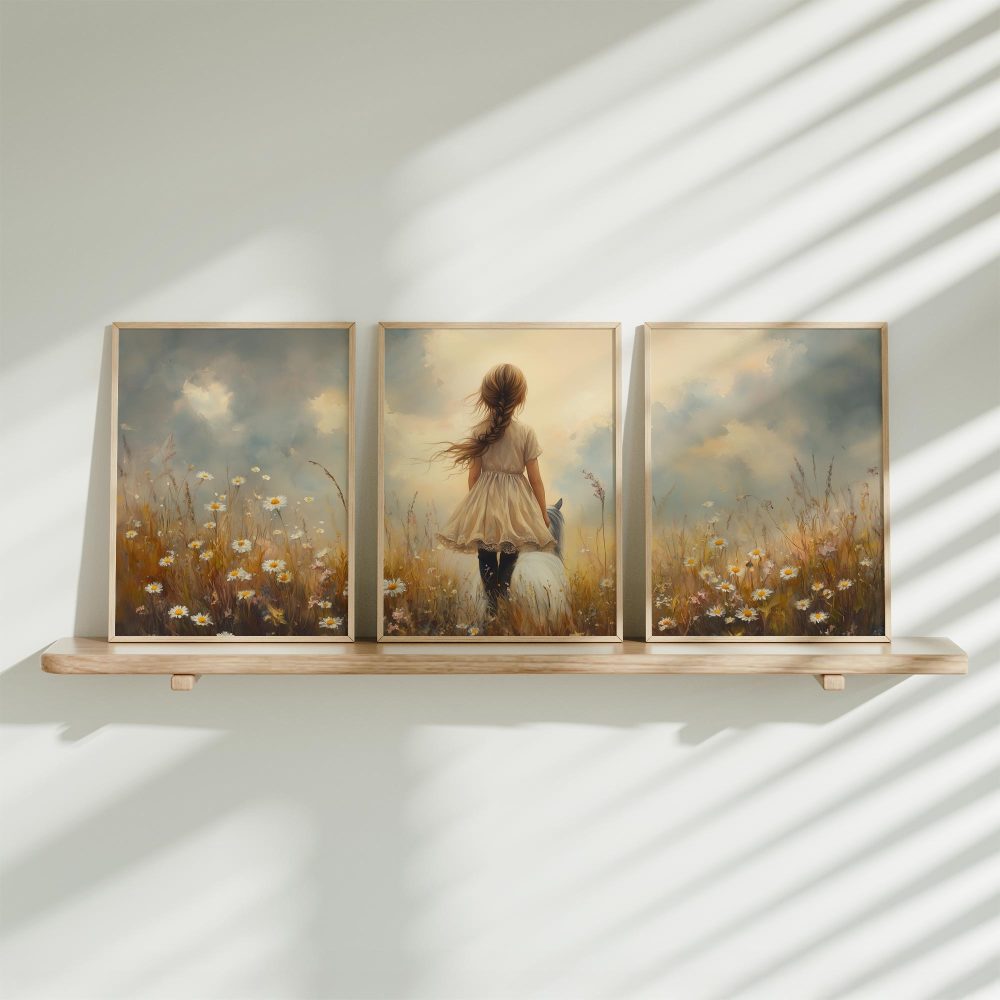 Bloemenveld met meisje en paard - zachte droomdecoratie