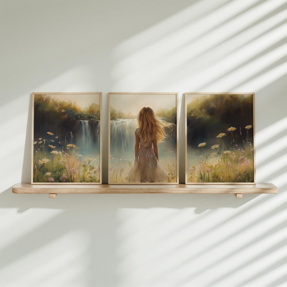 Dromerig Meisje bij Waterval in Bloemenveld