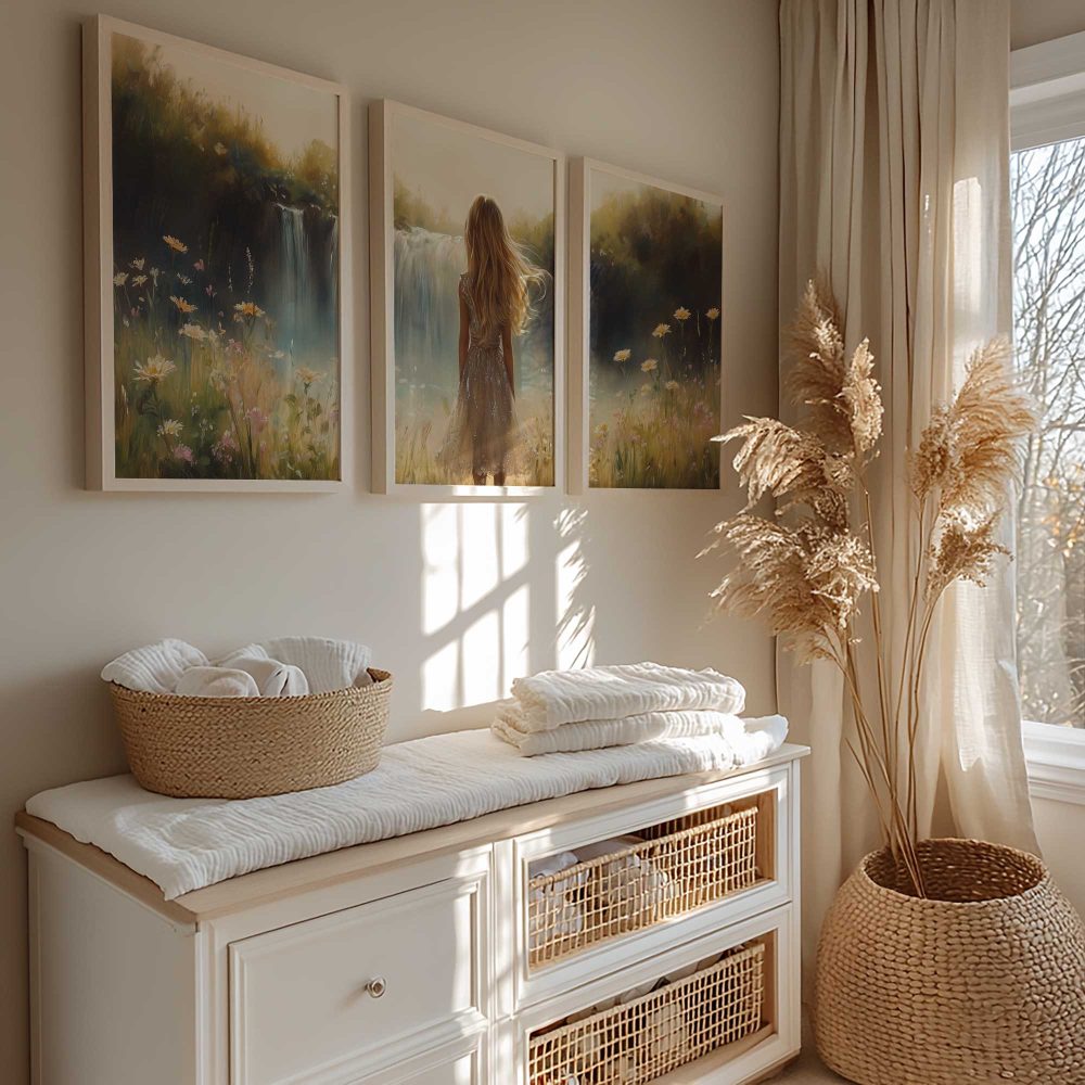 Alternative view of Dromerig Meisje bij Waterval in Bloemenveld