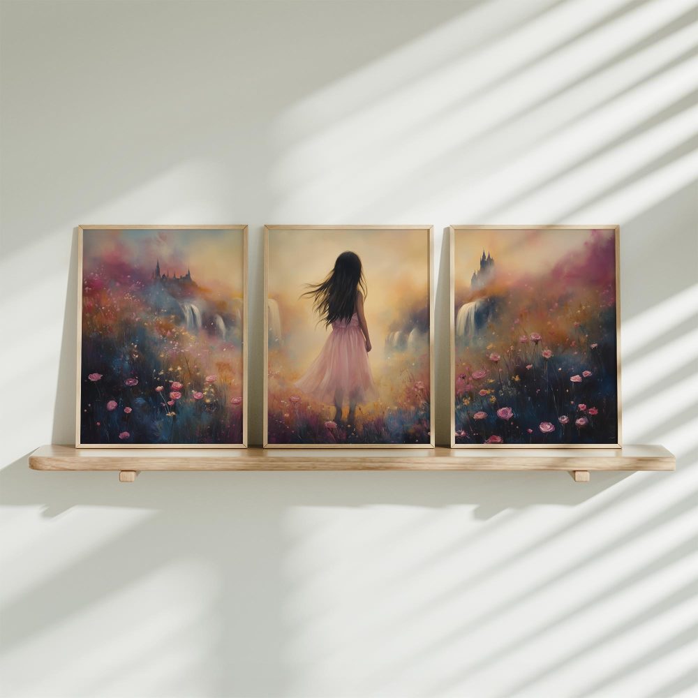 Betoverend bloemenveld met kasteel en roze jurk