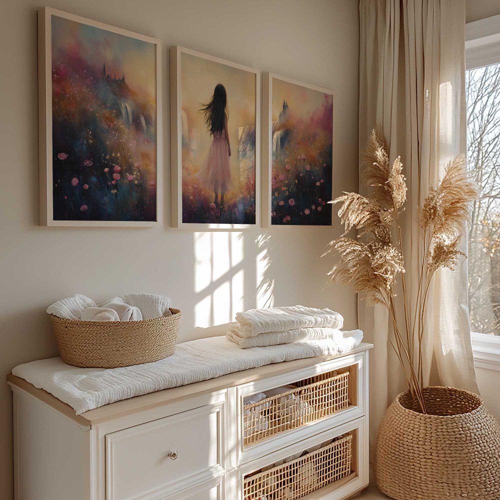 Alternative view of Betoverend bloemenveld met kasteel en roze jurk