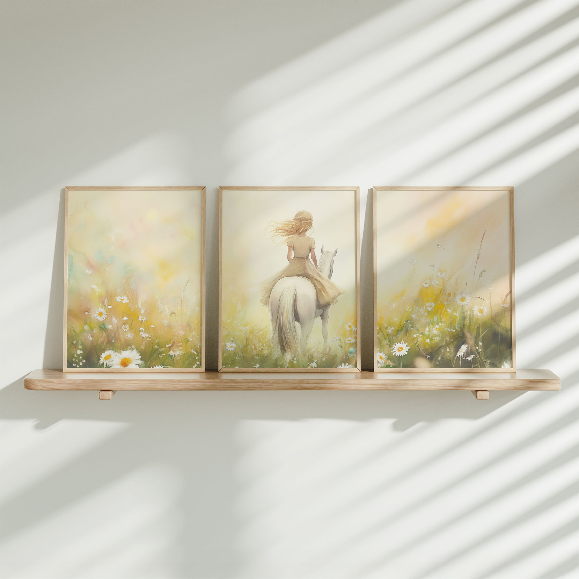 Speels Meisje op Witte Paard in Bloemenveld